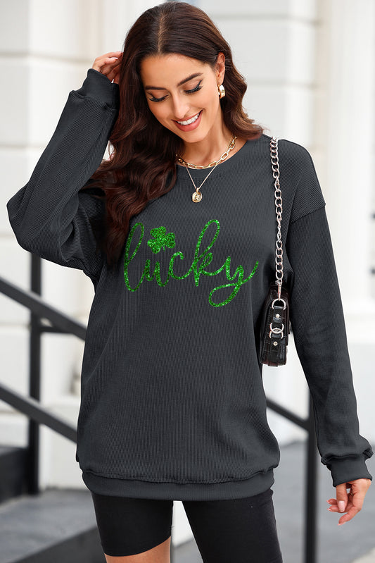 LUCKY Round Neck Dropped Shoulder Sweatshirt-Jewearrings