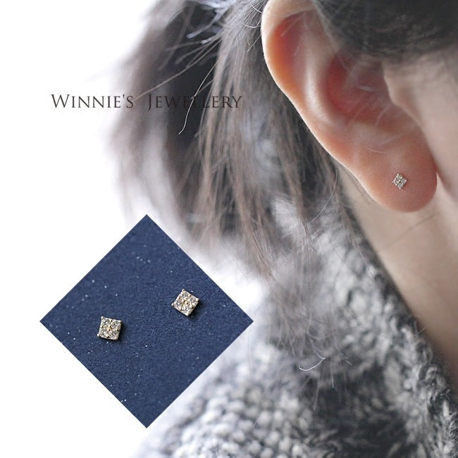 Simple Sterling Silver Plated Gold Inlaid Carbink Mini Square Stud Earrings All-matching Twin-Jewearrings