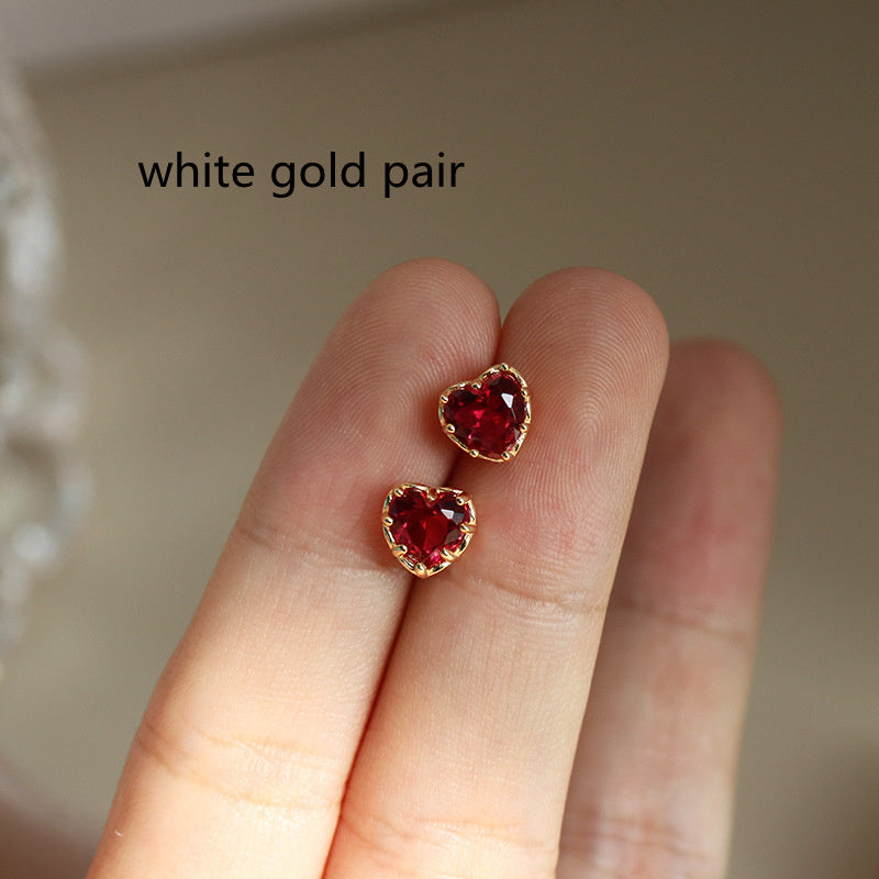 Sterling Silver Peach Heart Love Stud Earrings Red Temperament Versatile-Jewearrings