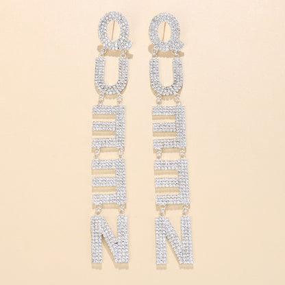 Queen Rhinestone Hoop Earrings Women's Long Letters-Jewearrings