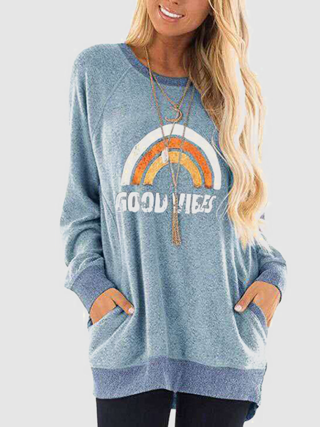 Rainbow Graphic Round Neck Sweatshirt with Pockets-Jewearrings