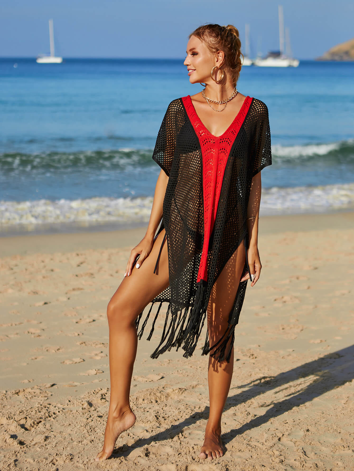 Contrast Fringe Trim Openwork Cover-Up Dress-Jewearrings