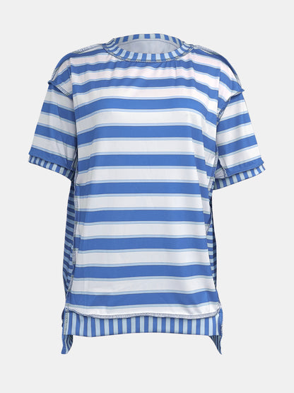 Full Size Contrast Stitching Striped Round Neck T-Shirt-Jewearrings