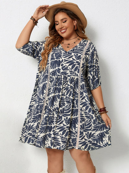 Plus Size Printed V-Neck Half Sleeve Mini Dress-Jewearrings