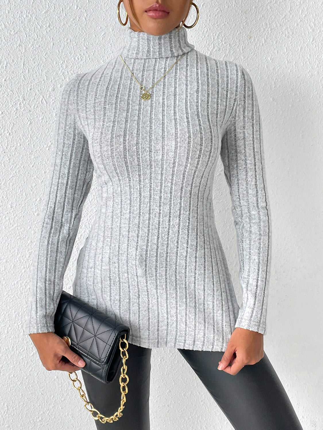 Ribbed Turtleneck Long Sleeve Slit T-Shirt-Jewearrings