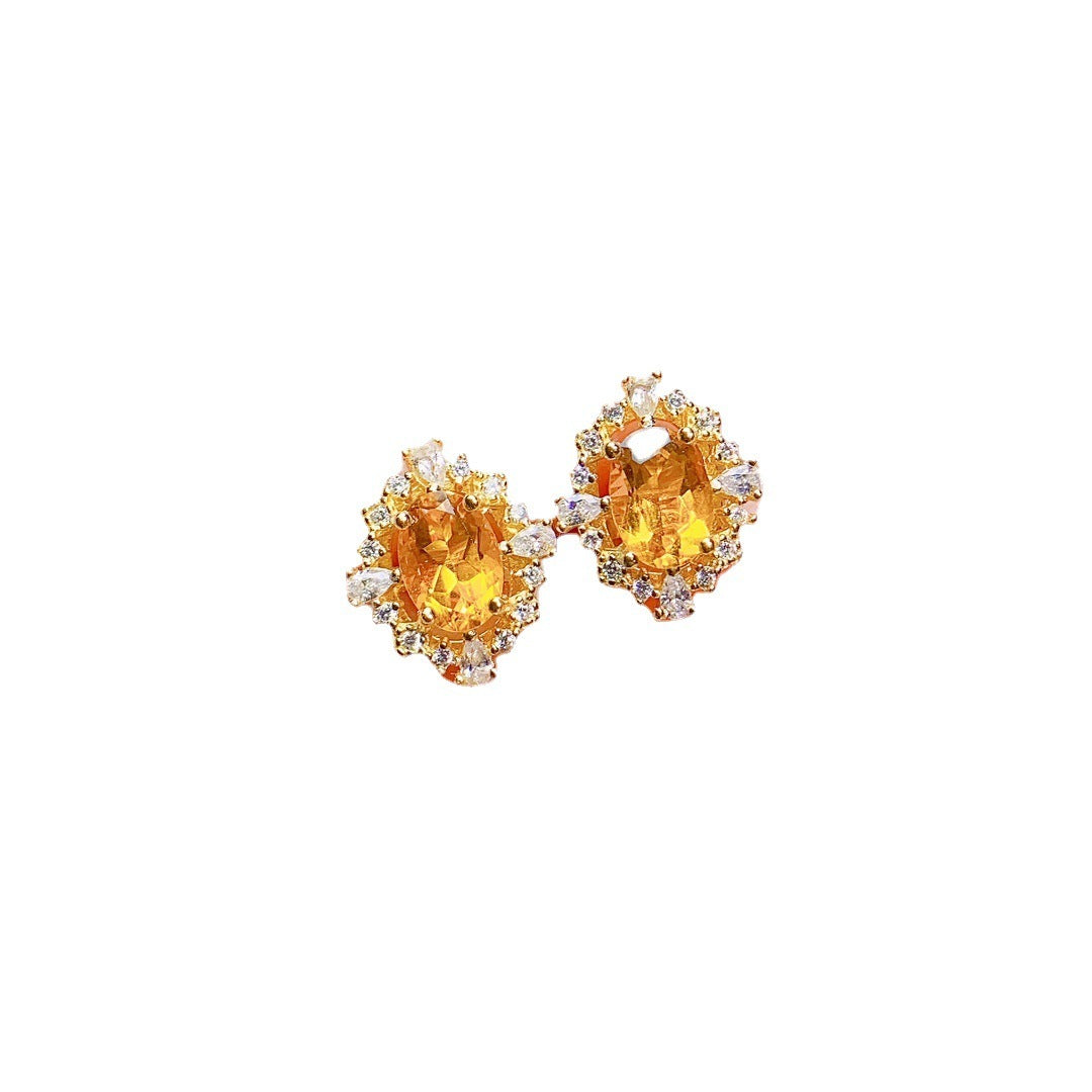 Natural Citrine Stud Earrings S925 Silver Inlaid Main Stone 57-Jewearrings