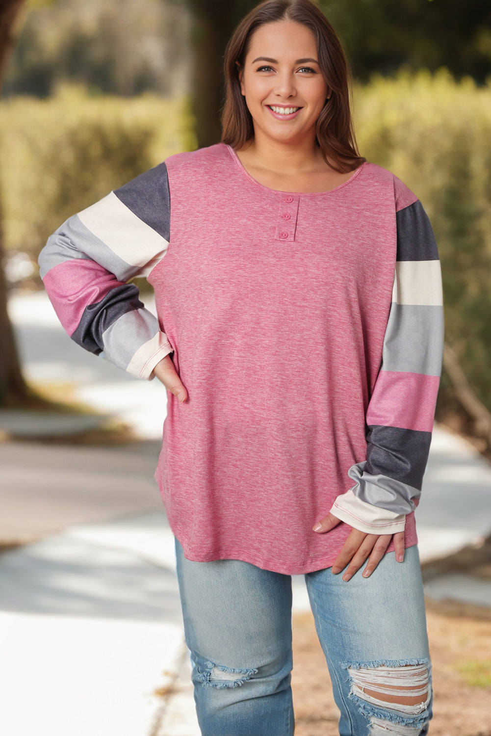 Plus Size Round Neck Color Block Long Sleeve T-Shirt-Jewearrings