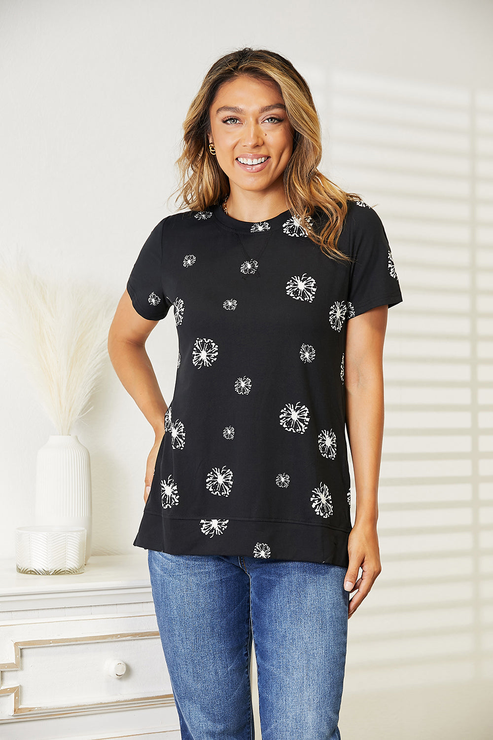 Double Take Dandelion Print Round Neck T-Shirt-Jewearrings