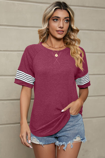 Striped Round Neck Short Sleeve T-Shirt-Jewearrings