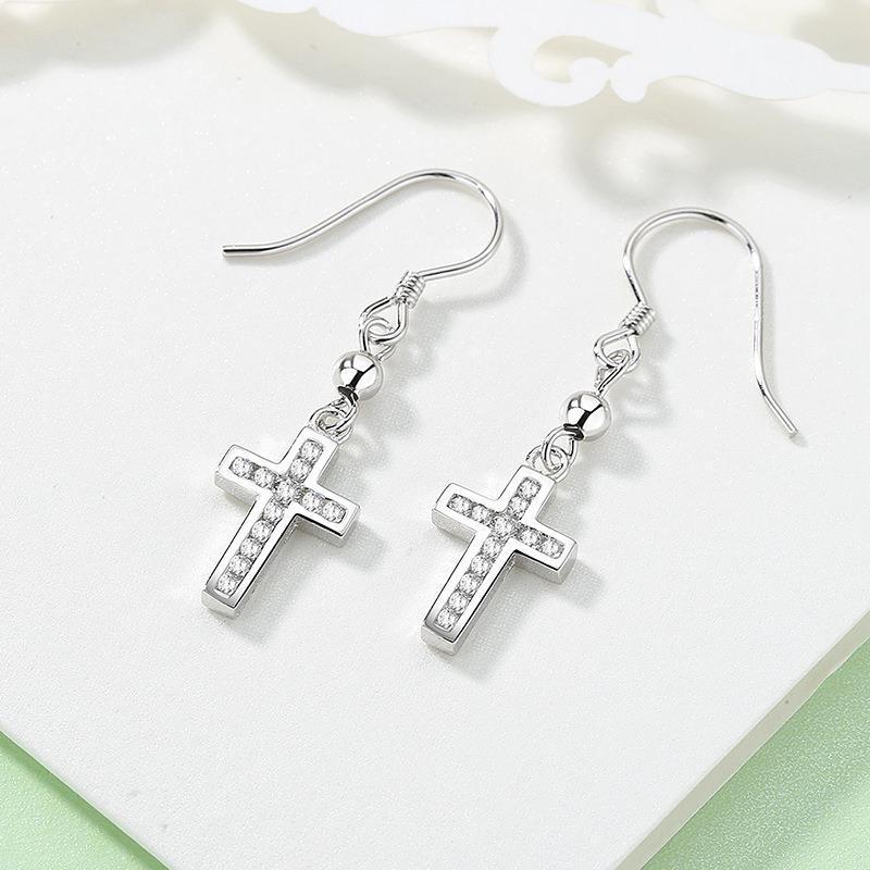 Classic Cross Ear Hook Earrings In Sterling Silver-Jewearrings