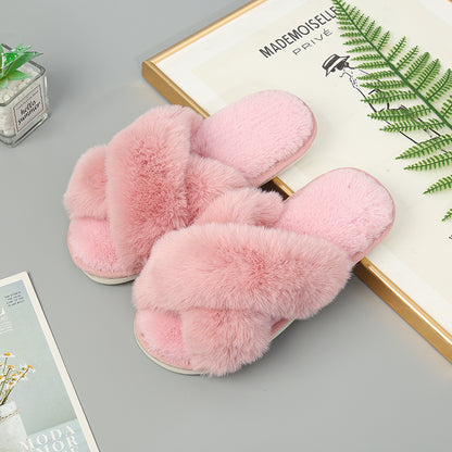 Faux Fur Crisscross Strap Slippers-Jewearrings