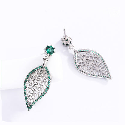 S925 Sterling Silver Jewelry Leaf Stud Earrings With Green Diamonds-Jewearrings