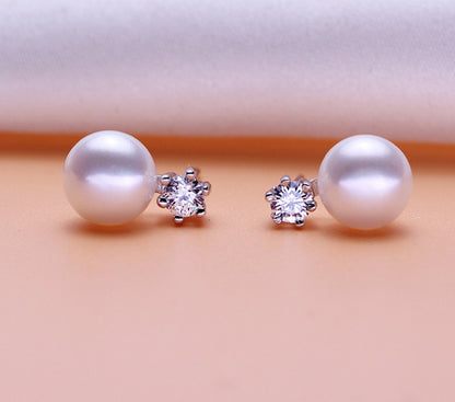 Six claws freshwater pearl silver earrings 8-9mm inlaid zircon earrings earrings jewelry-Jewearrings