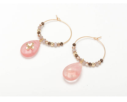 Women Fashion Natural Stone Hoop Earrings With Pink Waterdrop Stone-Jewearrings