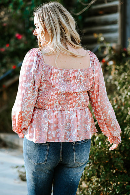 Plus Size Floral Smocked Flounce Sleeve Blouse-Jewearrings