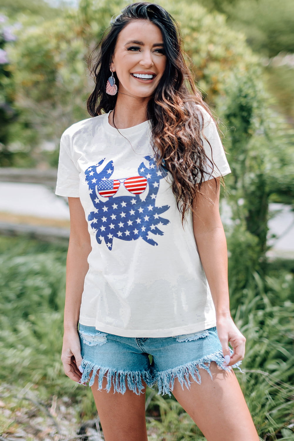 US Flag Crab Graphic Round Neck Tee-Jewearrings