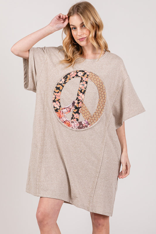 SAGE + FIG Full Size Peace Sign Applique Short Sleeve Tee Dress-Jewearrings