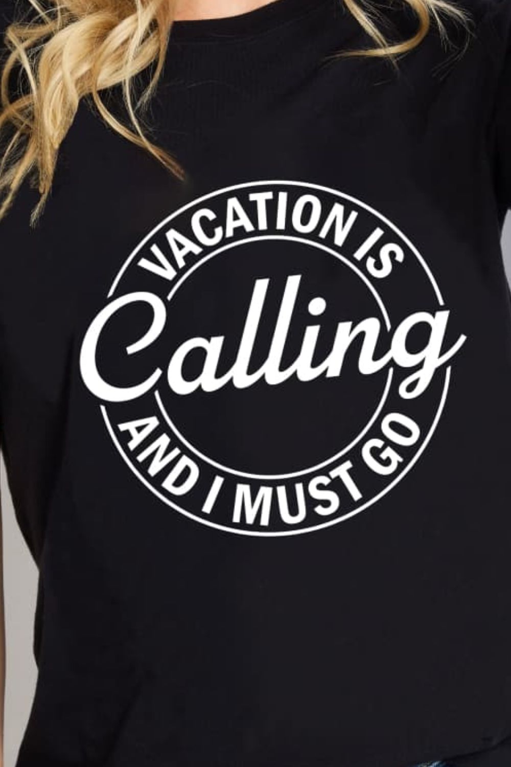 Simply Love VACATION IS CALLING AND I MUST GO Graphic Cotton T-Shirt-Jewearrings