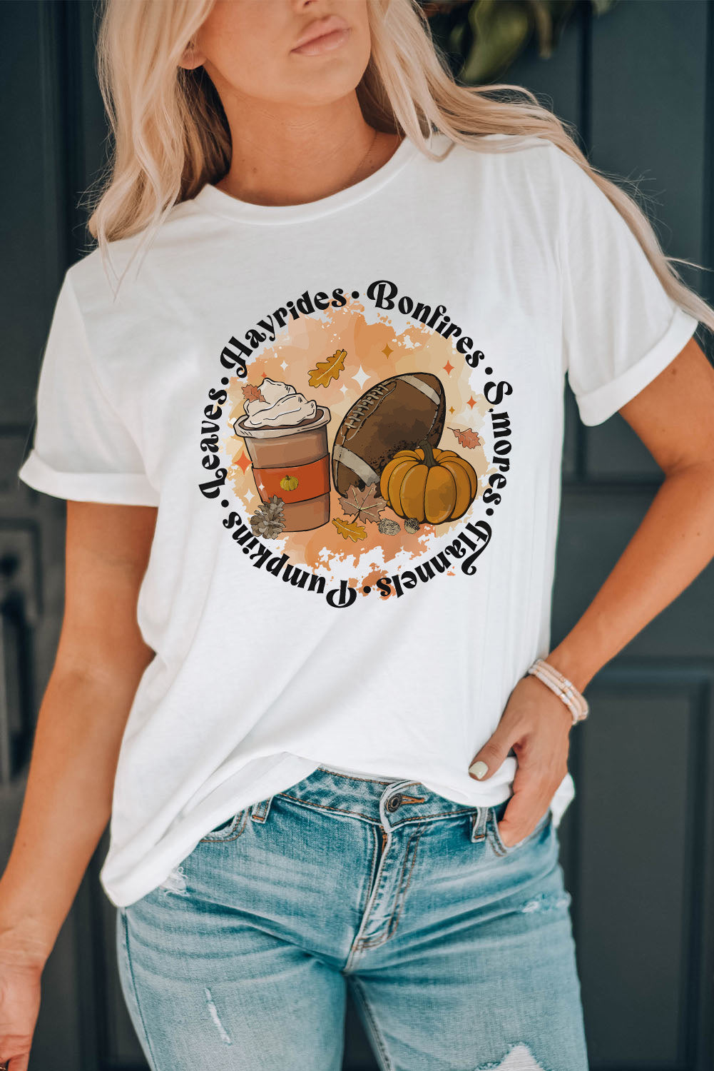 Round Neck Short Sleeve Pumpkin Latte Graphic T-Shirt-Jewearrings