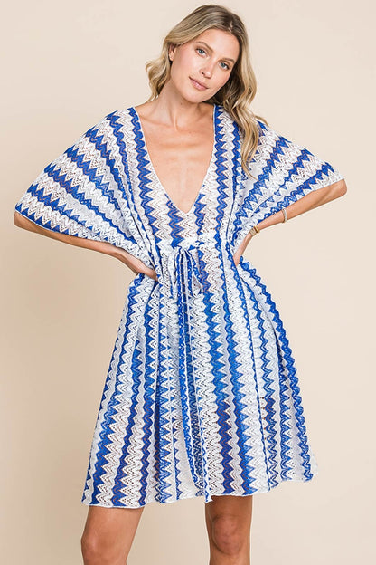 Cotton Bleu by Nu Lab Tied Striped Plunge Half Sleeve Cover-Up-Jewearrings