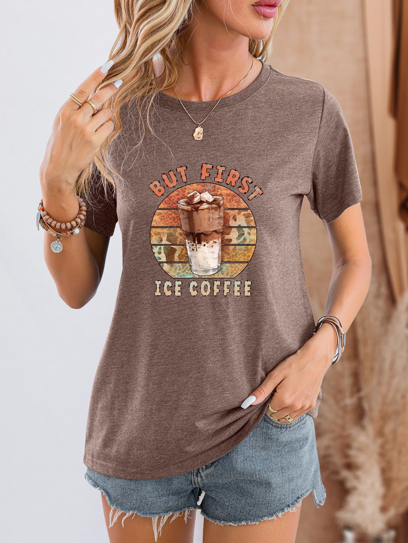 BUT FIRST ICE COFFEE Round Neck T-Shirt-Jewearrings