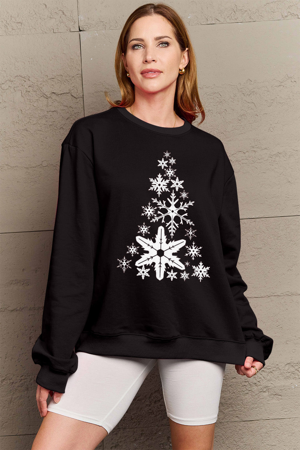 Simply Love Full Size Snowflake Christmas Tree Graphic Sweatshirt-Jewearrings