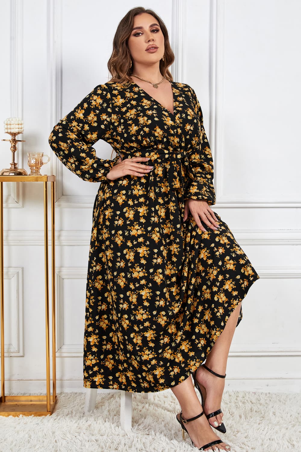 Melo Apparel Plus Size Floral Surplice Neck Long Sleeve Dress-Jewearrings