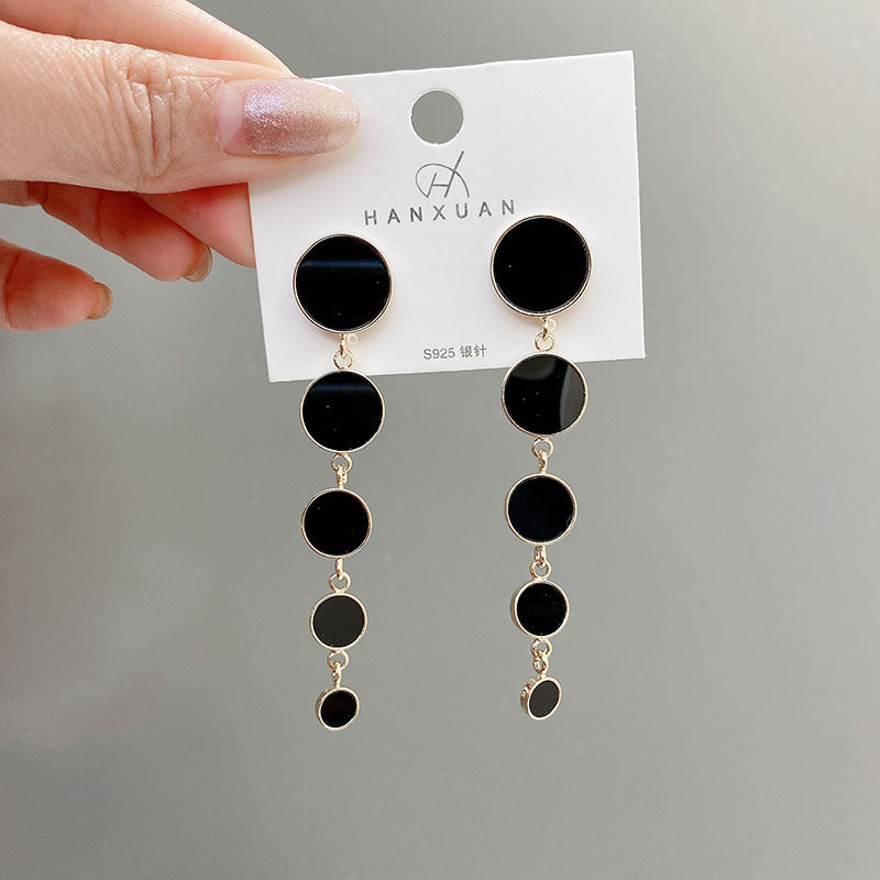 Silver Needle All-match Black Circle Tassel Earrings-Jewearrings