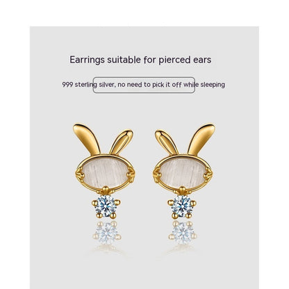 Pure Silver Opal Cute Rabbit Stud Earrings Women's Silver Jewelry Small Refined Grace-Jewearrings