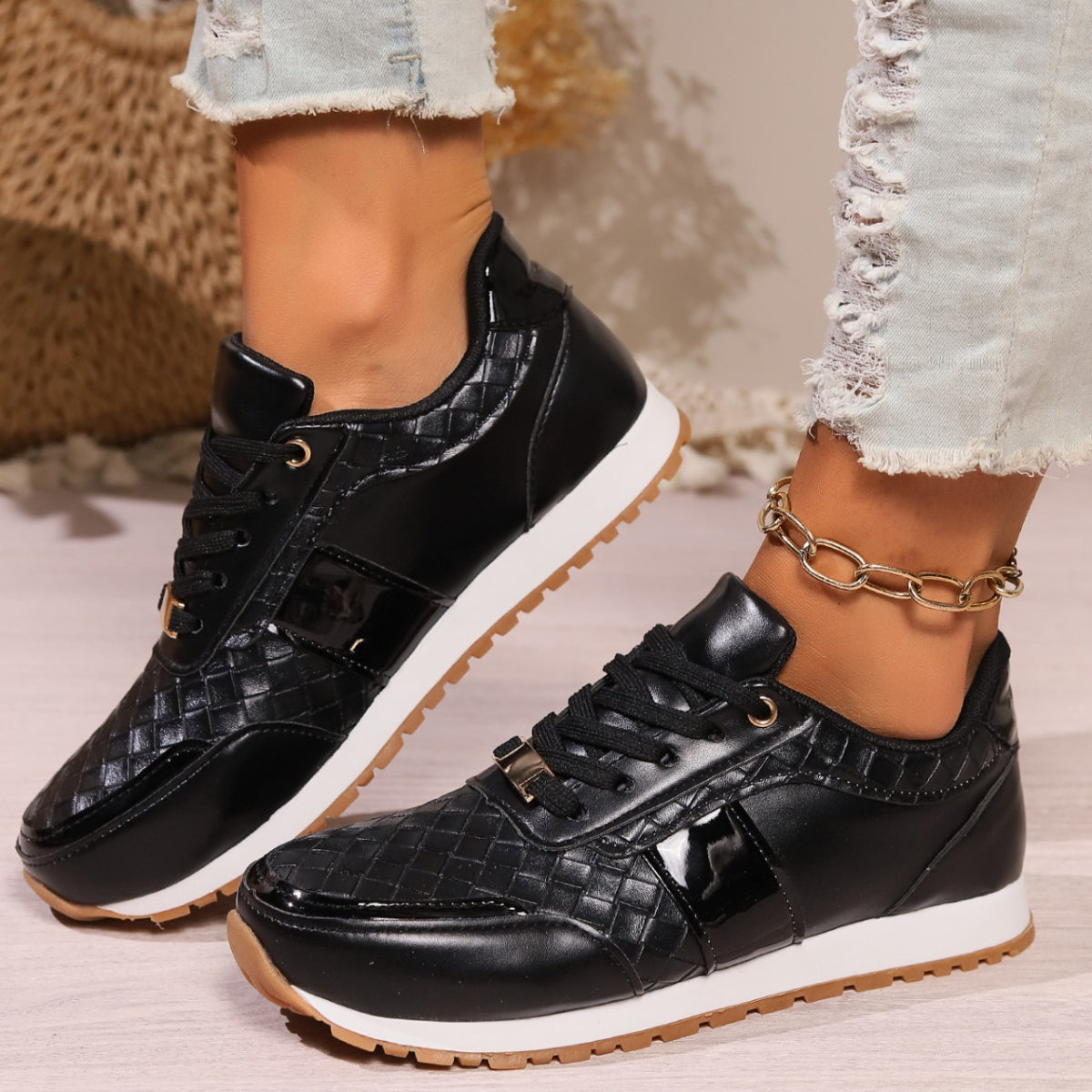 Lace-Up PU Leather Sneakers-Jewearrings