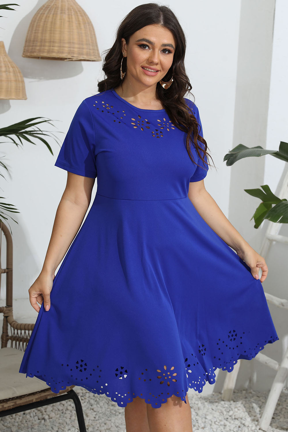 Plus Size Round Neck Openwork Dress-Jewearrings