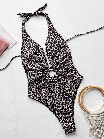 Leopard Halter Neck Ring Detail One-Piece Swimsuit-Jewearrings