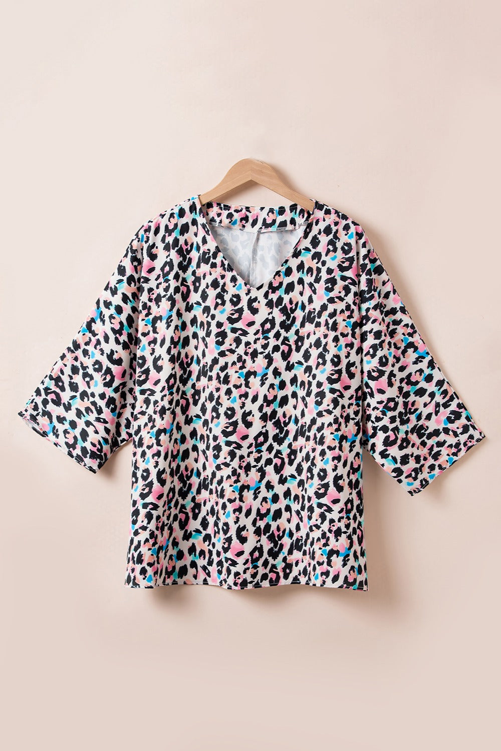 Plus Size Leopard V-Neck Three-Quarter Sleeve Blouse-Jewearrings