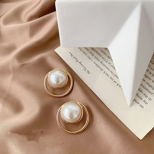 Silver Post Pearl Stud Earrings Geometric Round Earrings Korea-Jewearrings