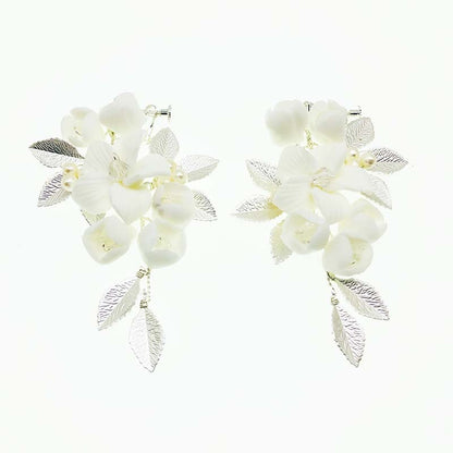 Women's Silver Ceramic Flower Wedding Ornament Earrings-Jewearrings