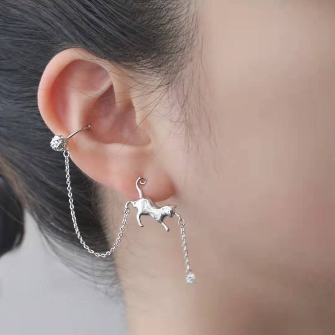 Cat Earrings In Cold Style Silver Needle Ear Clip Ear Hanging-Jewearrings