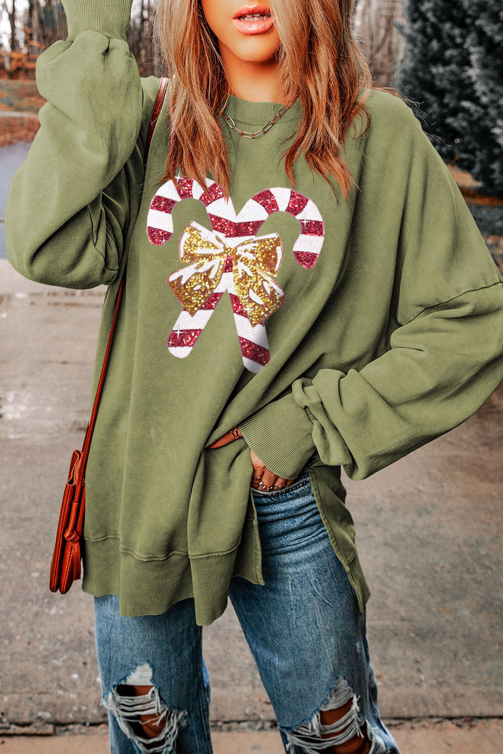 Sequin Candy Cane Round Neck Slit Sweatshirt-Jewearrings