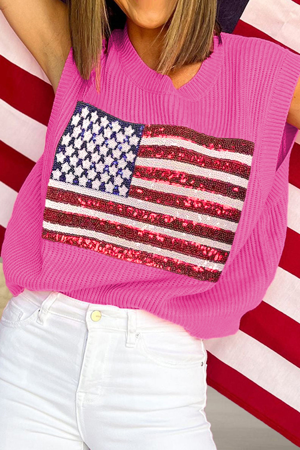 Sequin US Flag Round Neck Sweater Vest-Jewearrings