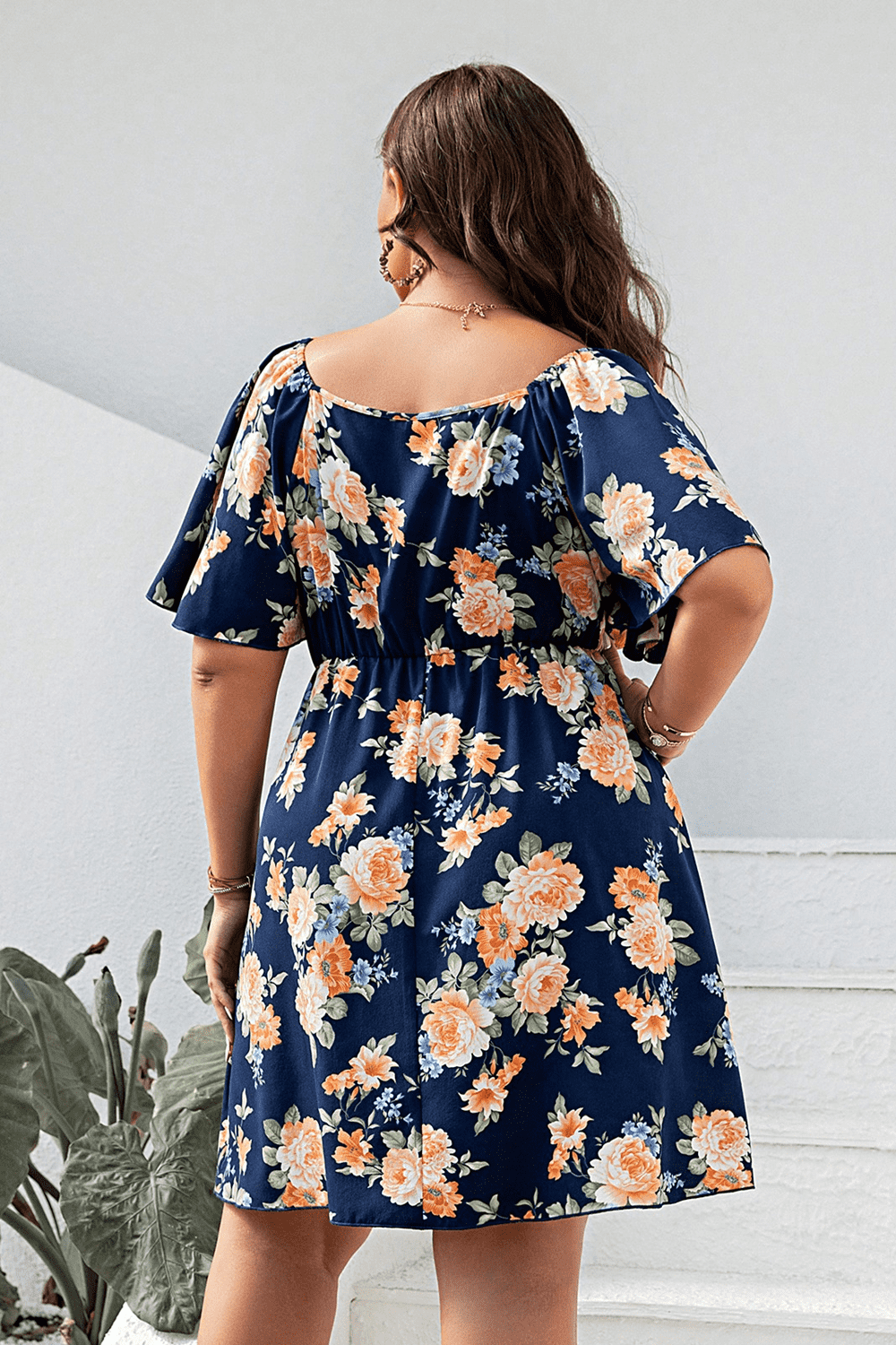 Plus Size Floral Print V-Neck Flutter Sleeve Mini Dress-Jewearrings