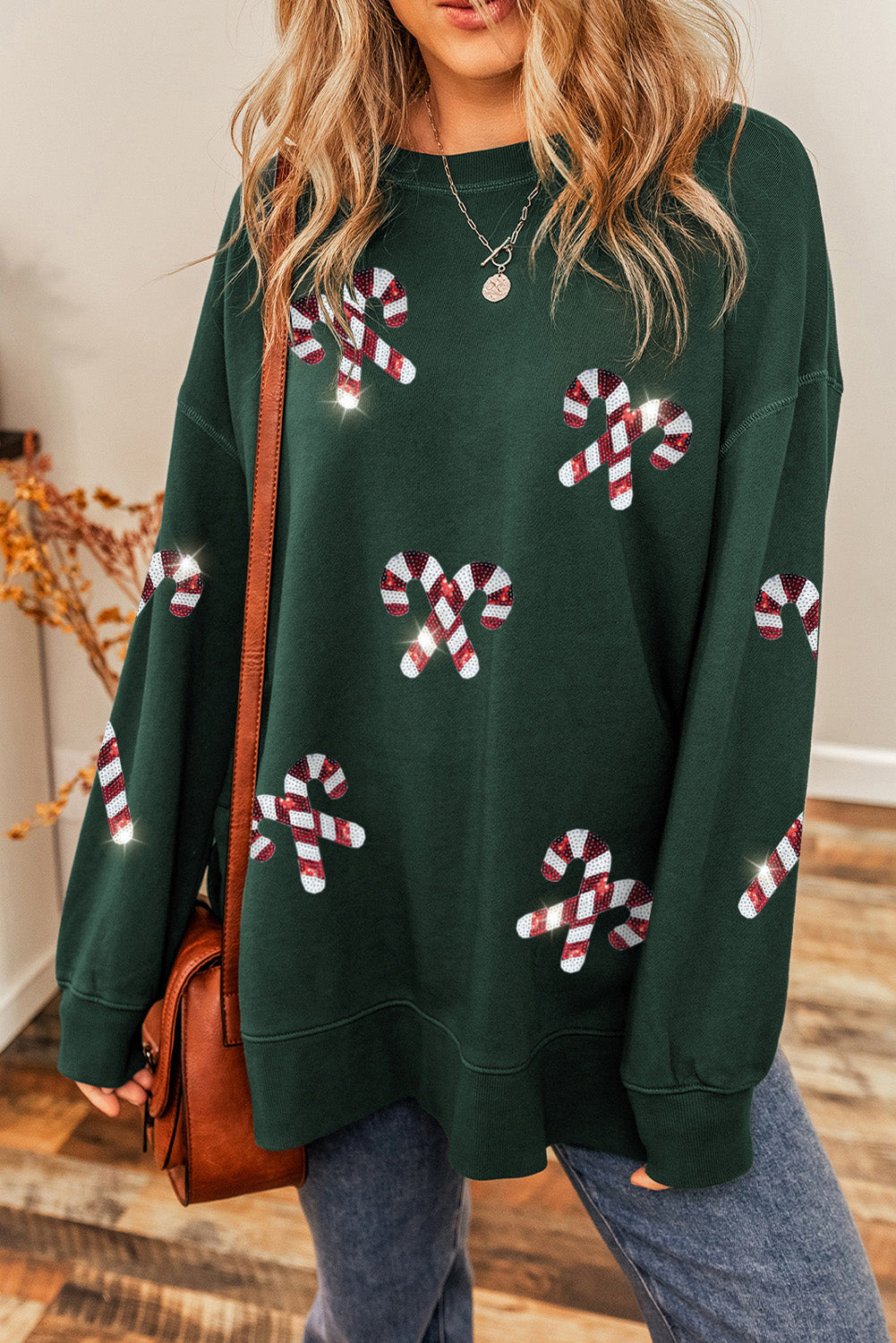 Candy Cane Sequin Round Neck Long Sleeve Sweatshirt-Jewearrings