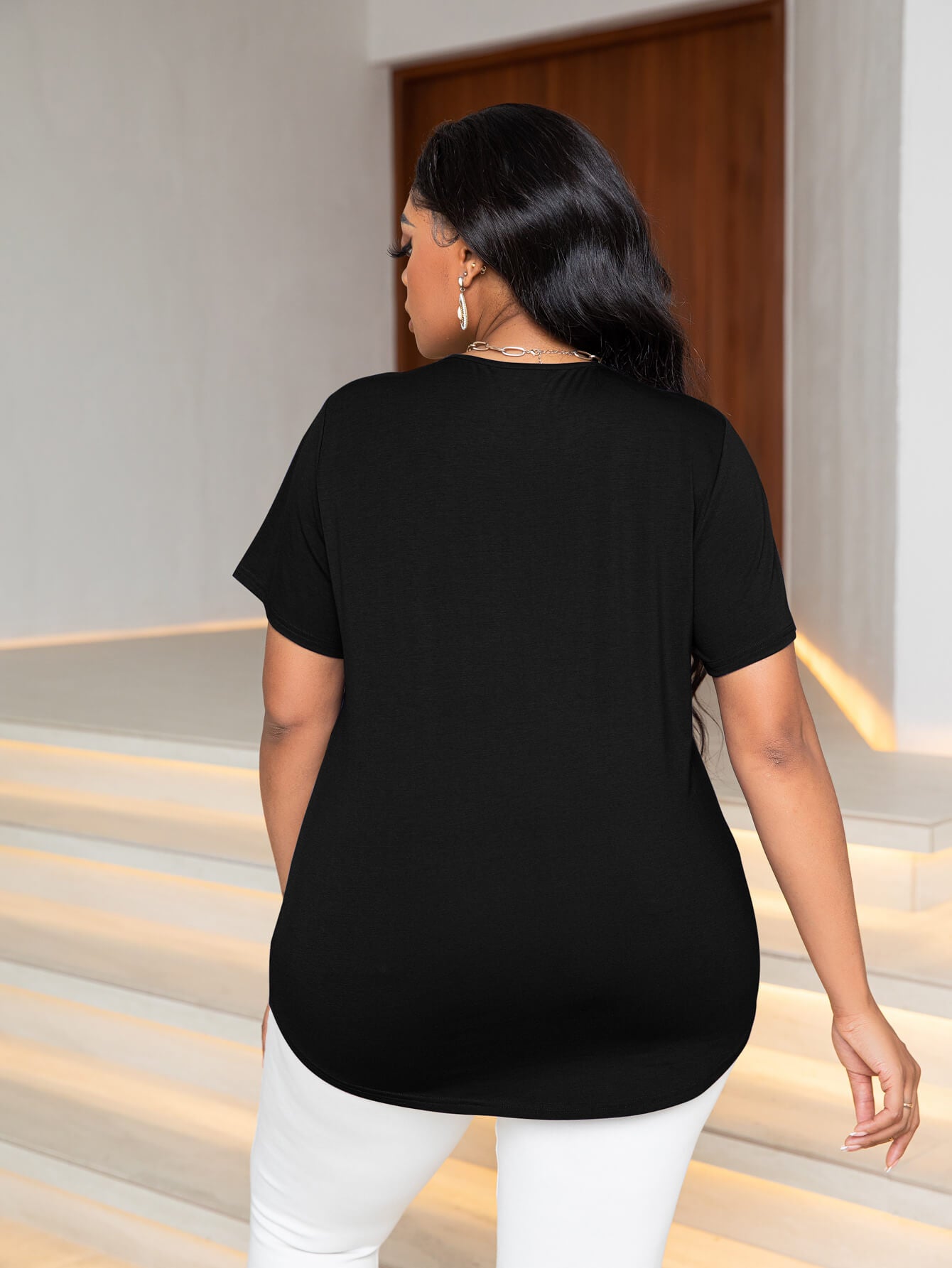 Plus Size Glitter V-Neck Short Sleeve Tee Shirt-Jewearrings