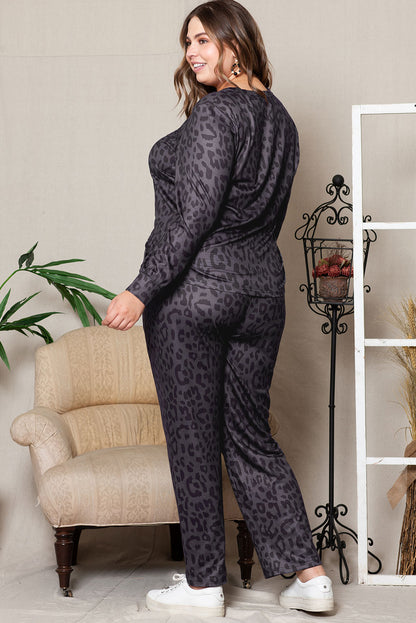 Plus Size Leopard Print V-Neck and Slim Fit Pants Lounge Set-Jewearrings