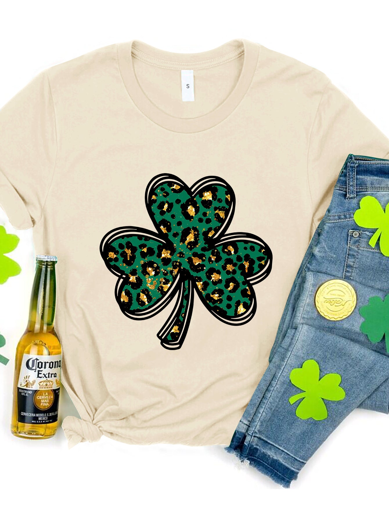 Lucky Clover Round Neck Short Sleeve T-Shirt-Jewearrings