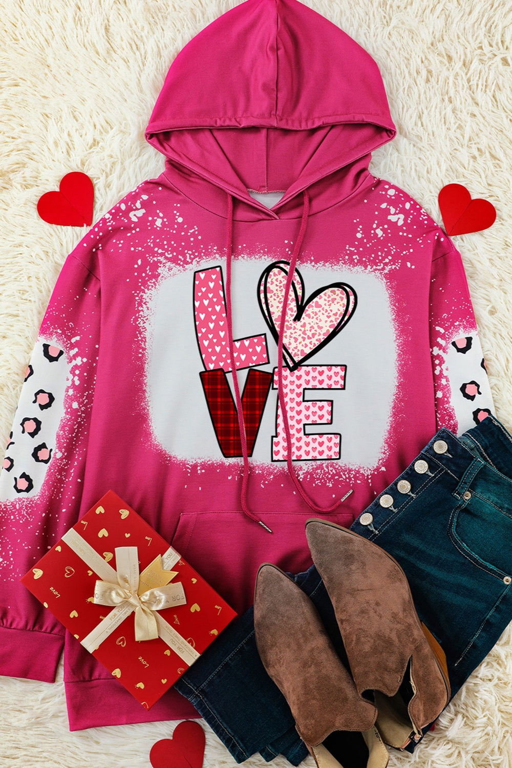 LOVE Heart Drawstring Dropped Shoulder Hoodie-Jewearrings