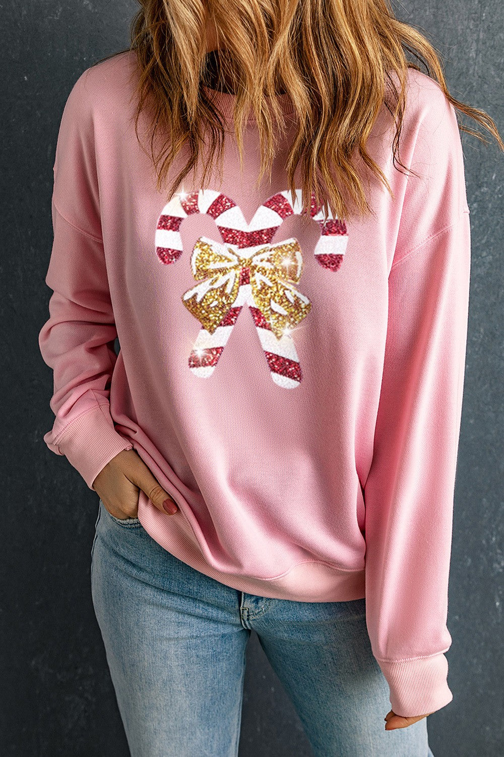 Candy Cane Sequin Dropped Shoulder Sweatshirt-Jewearrings