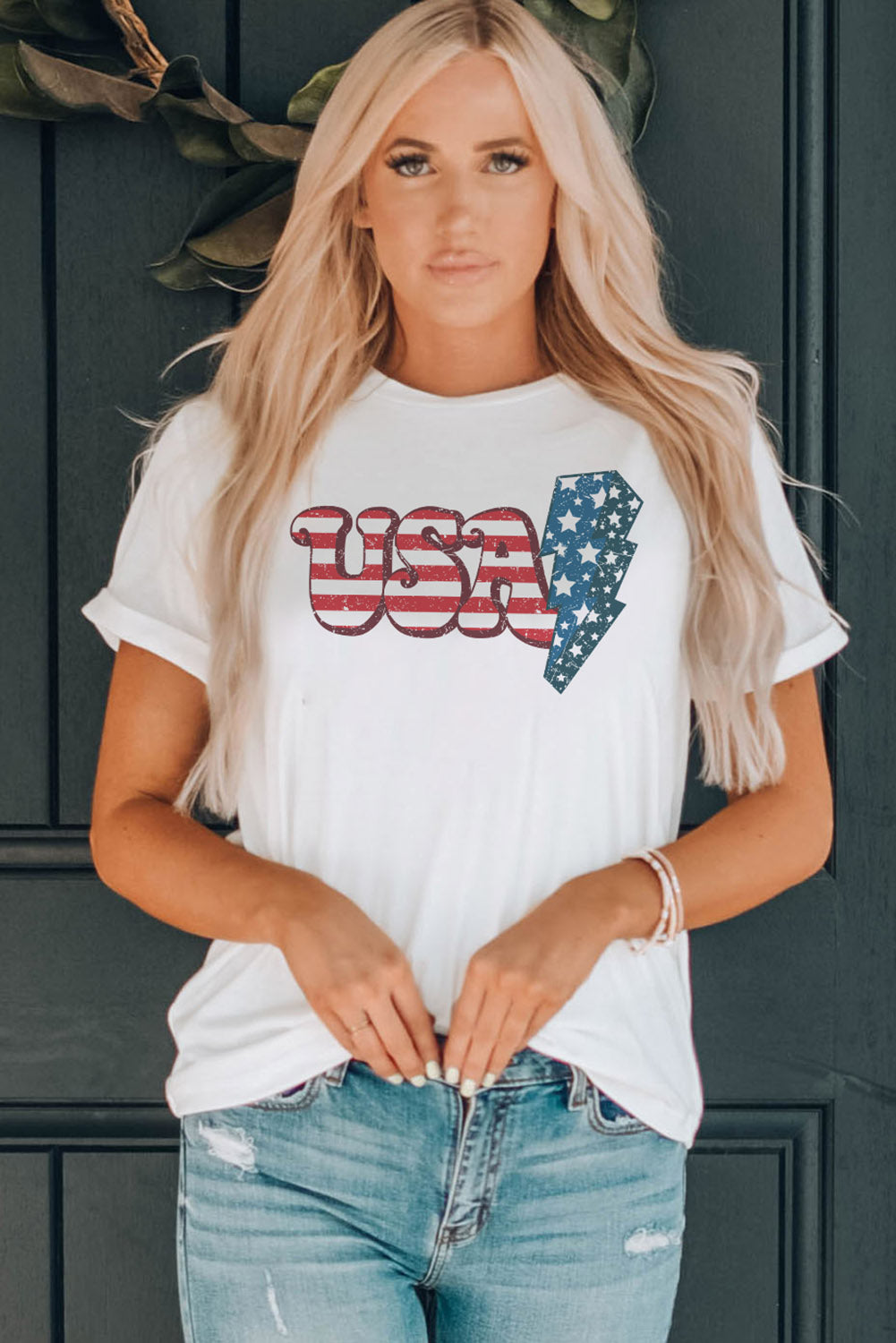 USA Lightning Graphic Round Neck Tee-Jewearrings