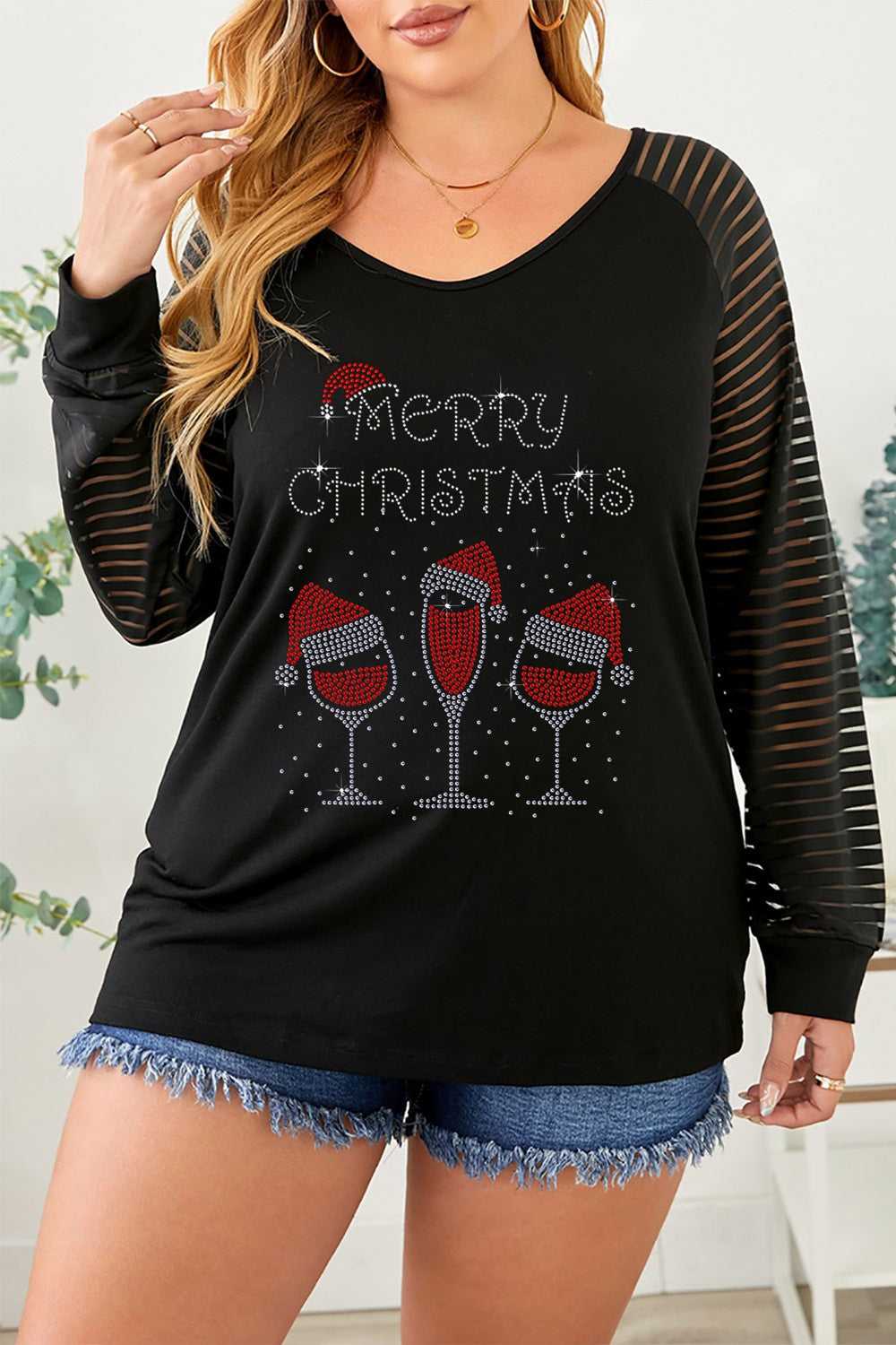 Plus Size MERRY CHRISTMAS Striped Long Sleeve T-Shirt-Jewearrings