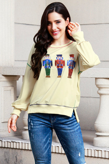 Sequin Nutcracker Round Neck Slit Sweatshirt-Jewearrings