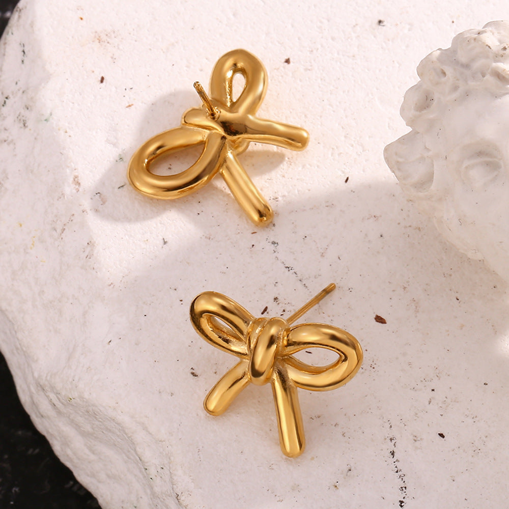 Stainless Steel 18K Gold Plating Cast Glossy Bow Stud Earrings-Jewearrings