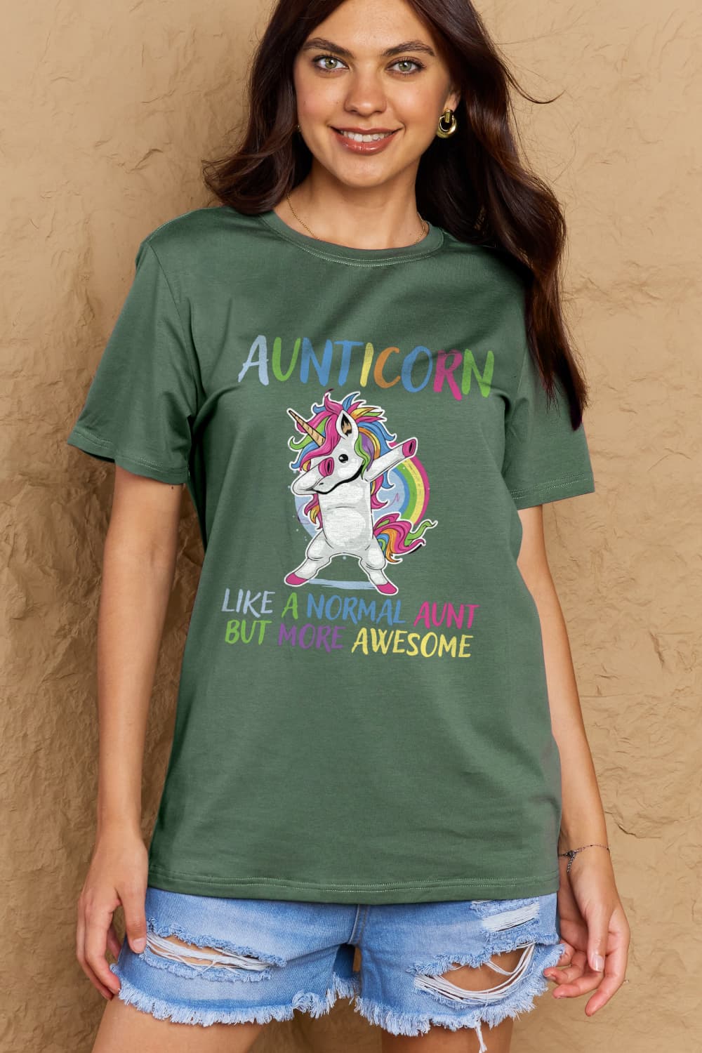 Simply Love Full Size AUNTICORN LIKE A NORMAL AUNT BUT MORE AWESOME Graphic Cotton Tee-Jewearrings